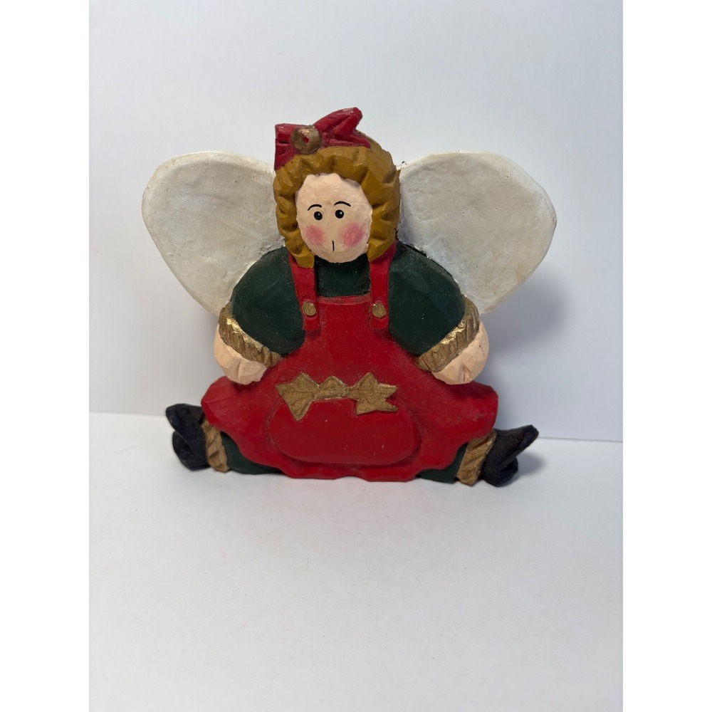 Hand Carved Painted Wooden Angel Figurine Folk Art Christmas Decor Seated